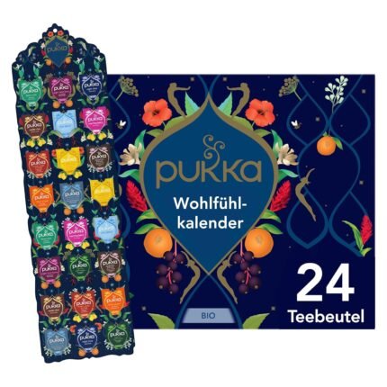 Pukka Bio Tee Geschenkset, Adventskalender, "Wohlfühlkalender 2025", Umweltfreundlich, Keine Schokolade, Milchfrei, Geschenkidee, 12 Tee Varianten, 24 Teebeutel
